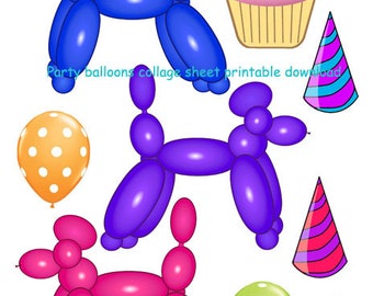 birthday party balloons• poodle dog balloons  • clipArt • digital collage sheet • party hats die cuts • Instant Download printable