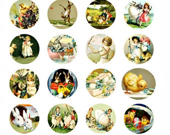 easter rabbit bunny baby chicks clip art collage sheet 1.5 inch circles graphics vintage postcard images digital download craft printables