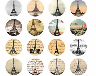 Eiffel Tower Paris france collage sheet printables 1.5 inch circles clipart digital download graphics images downloadable travel art crafts