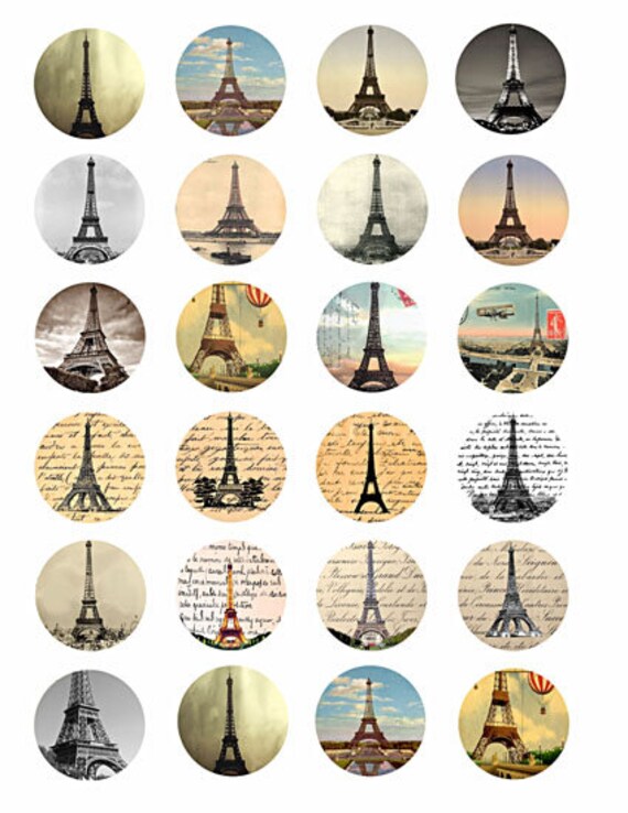 Eiffel Tower Paris france collage sheet printables 1.5 inch circles clipart digital download graphics images downloadable travel art crafts