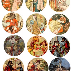 Fiaba vintage, arte La Bella e la Bestia, foglio di collage digitale, clipart cerchi da 2,5" pollici, download istantaneo, stampabili fantasy