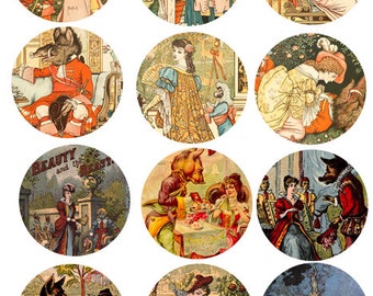 Vintage fairytale, Beauty and the Beast art, digital collage sheet, 2.5" inch circles clipart, instant download, fantasy printables