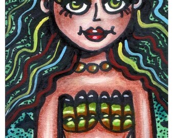original aceo art mermaid drawing fantasy big eye art fairytale miniature OOAK artwork