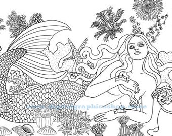 nude mermaid woman, sealife ocean plants, pinup girls, adult coloring page, printable art, digital print, instant download, minimal line art