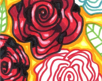 abstract art aceo original rose flowers drawing, Miniature artist card
