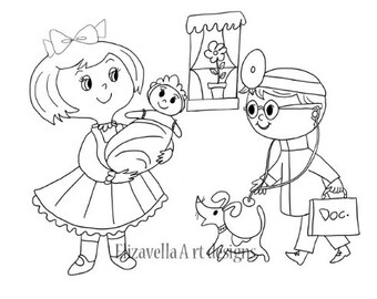 cartoon children playing house and doctor Coloring page JPG PDF Printable,  Instant download, line Art,