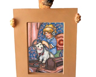 little girl with puppy dog, original aceo art card colored pencil Drawing, atc animal pets, Outsider Folk Art mini artwork