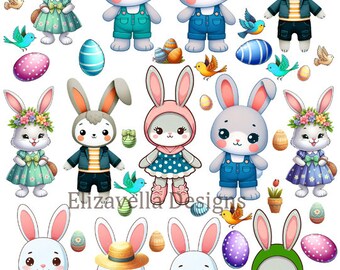 cute boy and girl bunnies collage sheet bunny rabbit clipart png jpg printable art instant digital download