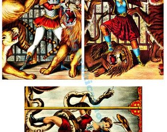 printable collage sheet, instant download, vintage circus art, lions, snakes, circus animals, digital print 4" x 6" images