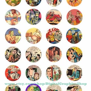 romance comics art digital collage sheet 1.5 inch circles lovers couples clipart instant download printable