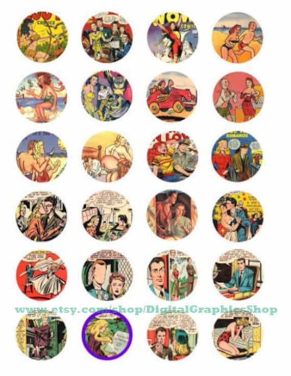 romance comics book art collage sheet 1.5 inch circles clip art digital download graphics images craft printables