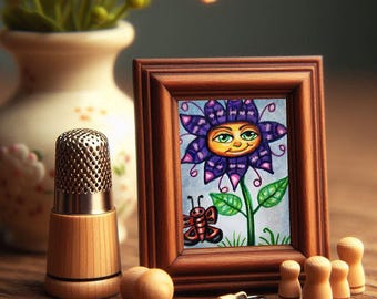 Happy Face flower butterfly aceo drawing original atc art fantasy fairytale miniature art