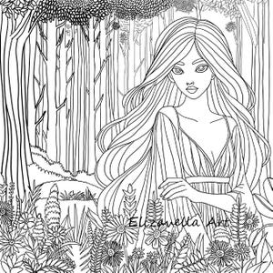Woman in forest trees ink illustration, JPG PDF Printable,  digital stamp download hand drawn line Art drawing