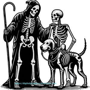 Sensenmann Skelett Mann und Skelett Junge mit Hund png Clipart Jpg Kontur Tag der Toten druckbare Kunst Haustiere digitaler Download Halloween