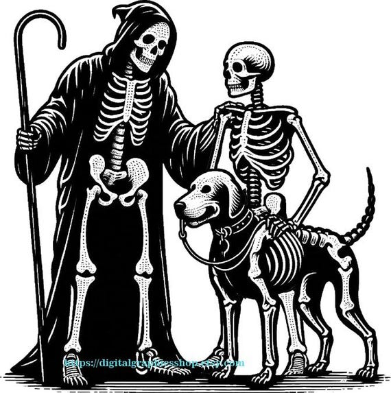 grimm reaper skeleton man and skeleton boy with dog png clipart jpg  silhouette day of the dead printable art pets digital download halloween