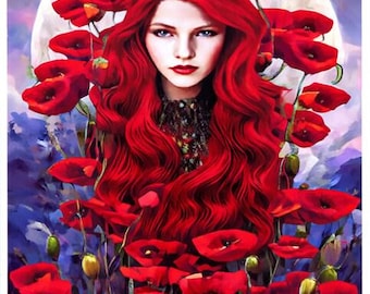 Girl Hiding In poppy field original art fantasy fairytale surreal 8x10 inch red flowers art semi gloss art print