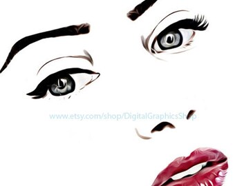 womans face png,  eyes long lashes, red lips, makeup clipart, png, printable wall art, instant download, pinup girl, digital images to print