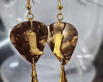 brass cowboy boots charms brown guitar pick earrings dangles handmade music jewelry