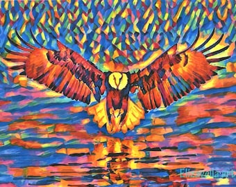 ORIGINAL abstract animal art, eagle flying over lake drawing, birds nature original art by Elizavella