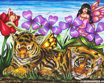 fantasy fairy land original art print baby tiger cubs original fantasy drawing fairytale art print