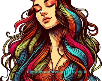 70s hippie woman png clipart, womans portrait png jpg pdf printable COLOR ILLUSTRATION art digital download
