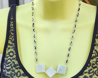 gray marble stone seed bead necklace, glass beaded chain, square stone pendants, gemstone, boho handmade jewelry
