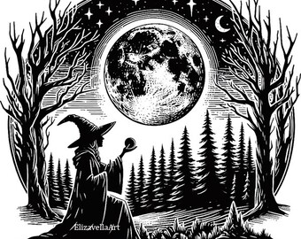 witch woman png, full moon png, forest trees silhouettes, Halloween night printable art fantasy clipart jpg instant download