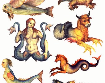 printable fantasy beasts, sea monsters, fairytale creatures, animals, collage sheet, clipart, digital print, instant download, junk journals