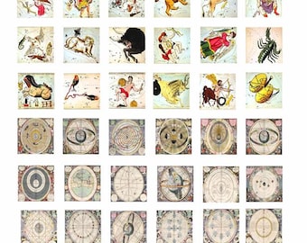 Signos del zodiaco vintage, cartas astrológicas, arte, cuadrados de 1 pulgada, descarga de imágenes prediseñadas, hoja de collage digital imprimible