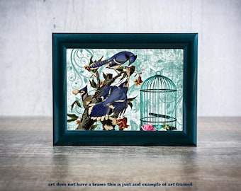 vintage Blue cardinal birds with tree and BIRD CAGE art print altered art wildlife nature artwork