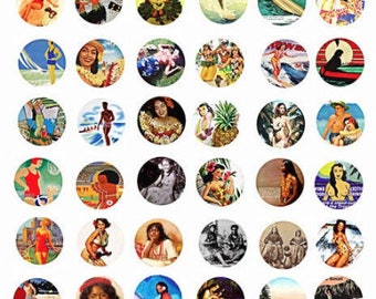 hawaii hawiian hula girls printable collage sheet women men clipart digital download  1" inch circle graphics travel poster images DIY Craft