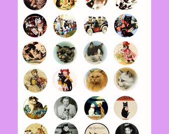 kitty cats vintage art clipart digital print, collage sheet, 1.5 inch circles instant download, animal clipart, pets printable,