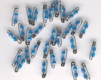 29 blue beaded safety pins lot jewelry supplies plastic beads crafts findings