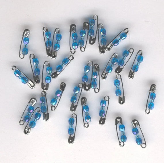 29 blue beaded safety pins lot jewelry supplies plastic beads crafts findings