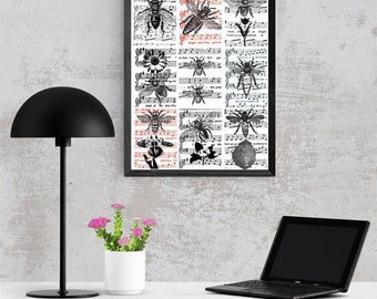 sheet music bumblebee altered art digital collage sheet honey bees art  2.5" x 3.5" clipart aceos digital print download