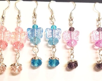 3 pr butterfly bead drop earrings lot dangles handmade jewelry blue pink purple