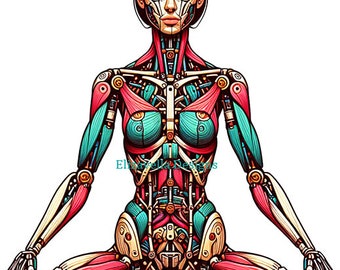 Cyborg Woman Meditating art robot woman png clipart printable art, color illustration digital instant download