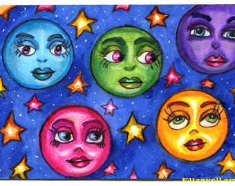 moon faces, original aceo card art, markers drawings, watercolors, celestial, fantasy artwork, mixed media