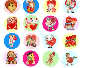 Vintage Valentine images, children, animals, 1.5 inch circles, collage sheet, clipart, digital print, instant download, printables