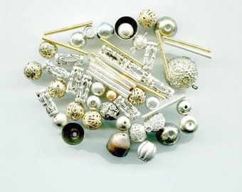 55 metal beads LOT round tube mixed silver & gold tone filigrees jewelry supply