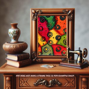 original aceo art card abstract painting red, yellow, green black gears, mini abstract modern small painting