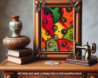 original aceo art card abstract painting red, yellow, green black gears, mini abstract modern small painting