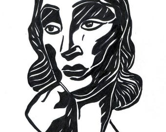 abstract womans face art original drawing ink black and white minimalism
