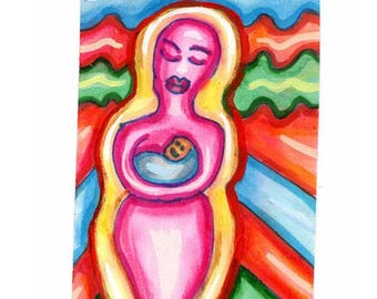 mother and child original abstract aceo drawing original art miniature tiny artwork