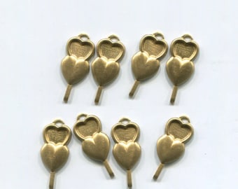 8 double heart charms vintage metal brass pendants 9mm x 19mm jewelry supplies