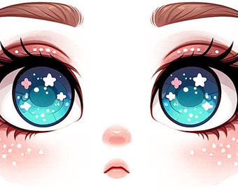 Doll face print, blue eyes, big eye doll faces, clipart eyes, lips, nose,  portrait, facial features on a transparent background