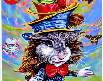 mad hatter bunny rabbit fairytale animals -original art - surreal 8x10 inch semi gloss fantasy  Anthropomorphic art print