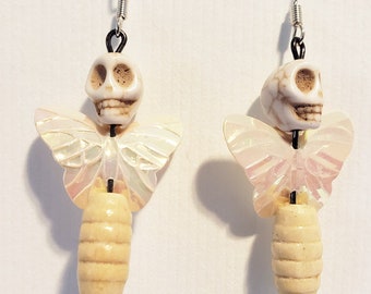 white butterfly sugar skull earrings bead drop day of the dead handmade halloween jewelry