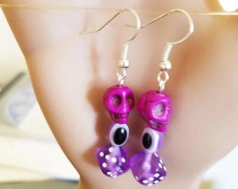 evil eye earrings, purple sugar skull earrings, skull beads, dice earrings handmade jewelry