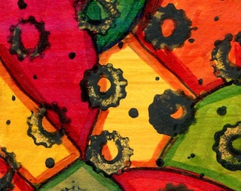 original aceo art card abstract painting red, yellow, green black gears, mini small artwork